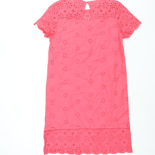 Marks and Spencer Womens Pink Cotton Shift Size 10 Round Neck Button - Lace Detail