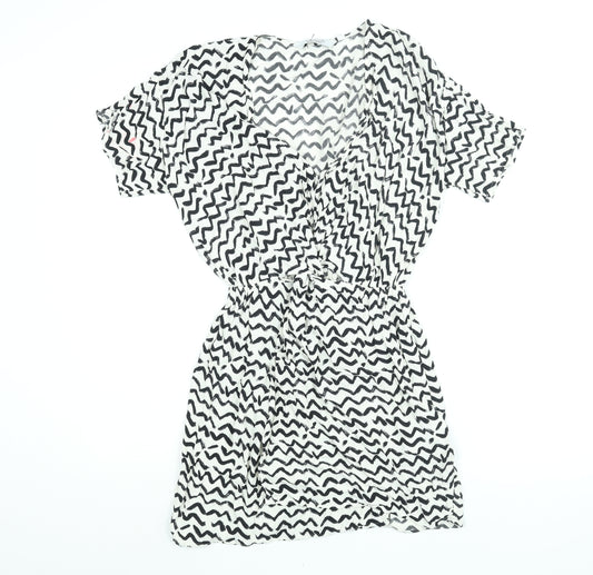 & Other Stories Womens White Geometric Viscose Mini Size 8 V-Neck Hook & Eye - Twist Detail