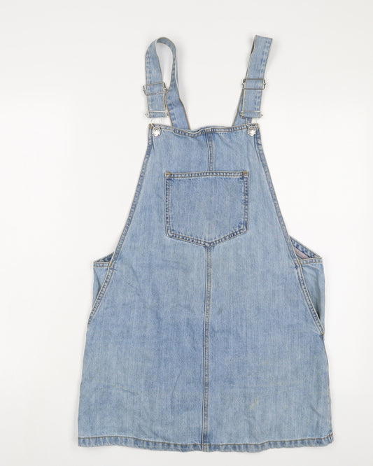 Only Womens Blue Cotton Pinafore/Dungaree Dress Size 10 Square Neck Button