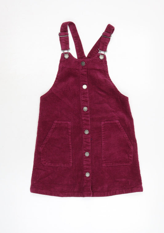 NEXT Girls Purple Cotton Pinafore/Dungaree Dress Size 10 Years Square Neck Snap - Pit to pit 6.5 In - Adjustable straps.