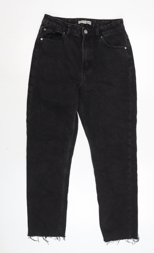 Denim & Co. Womens Black Cotton Straight Jeans Size 12 L24 in Regular Zip - Raw Hem