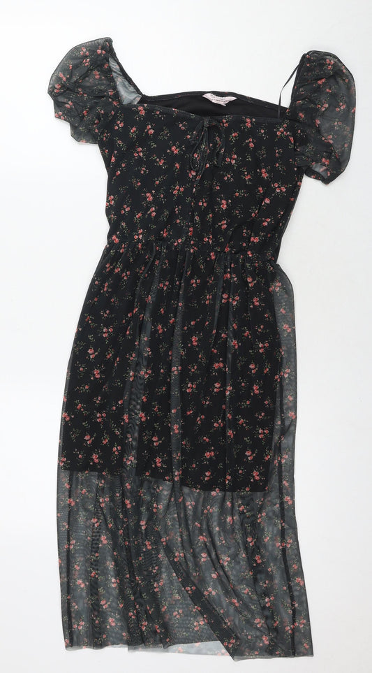 Miss Selfridge Womens Black Floral Polyester Fit & Flare Size 8 Square Neck Pullover