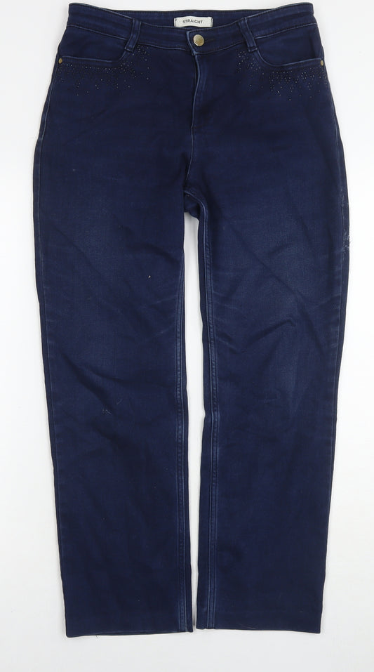 Marks and Spencer Womens Blue Cotton Straight Jeans Size 10 L26 in Regular Zip