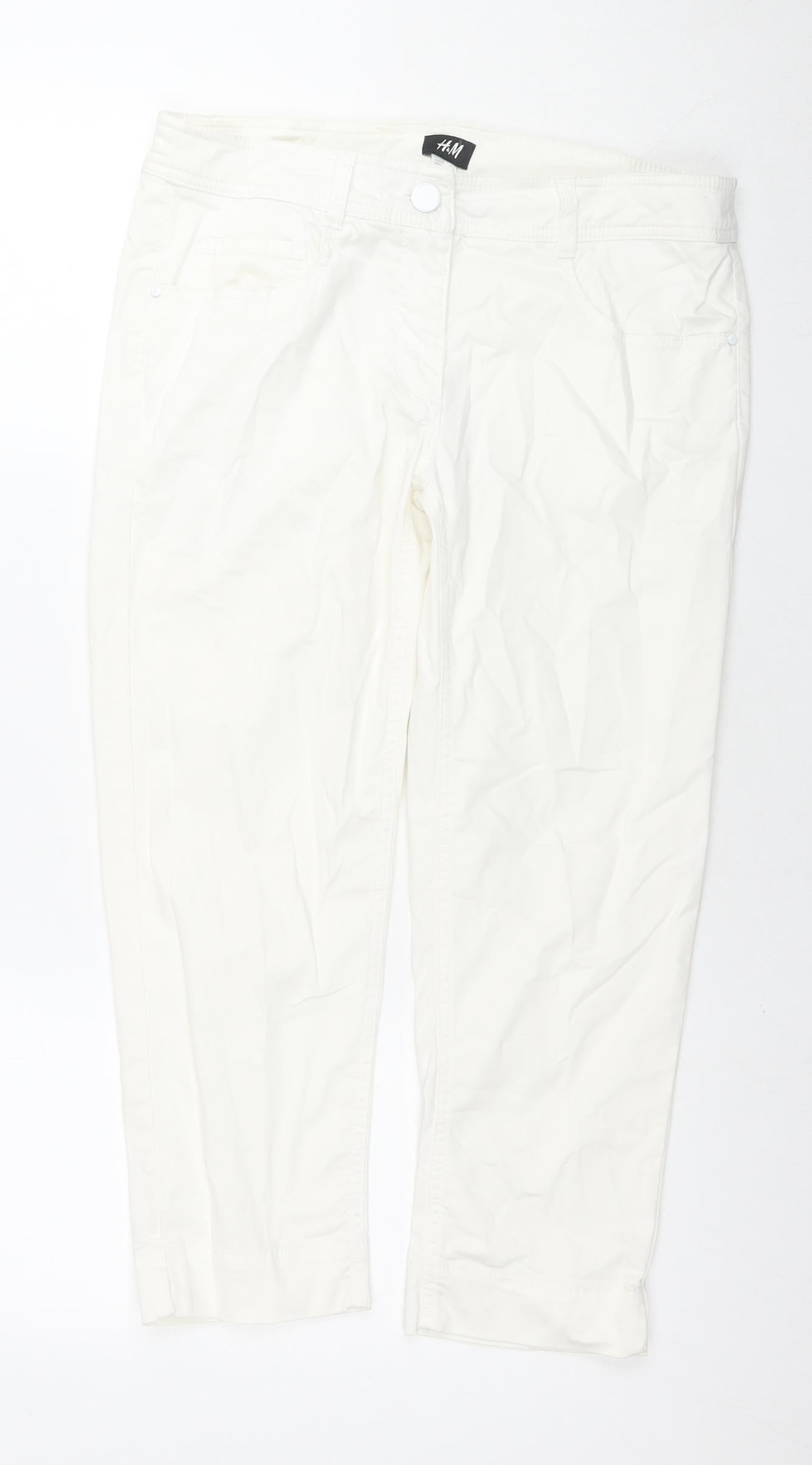 H&M Womens White Cotton Cropped Jeans Size 12 L21 in Regular Zip