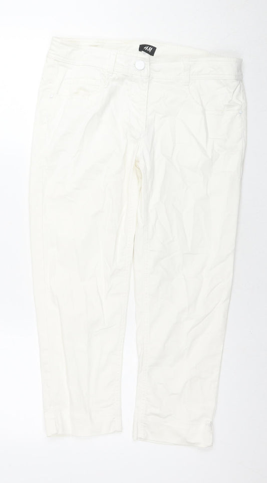 H&M Womens White Cotton Cropped Jeans Size 12 L21 in Regular Zip