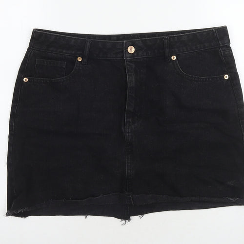 F&F Womens Black Cotton Mini Skirt Size 14 Zip