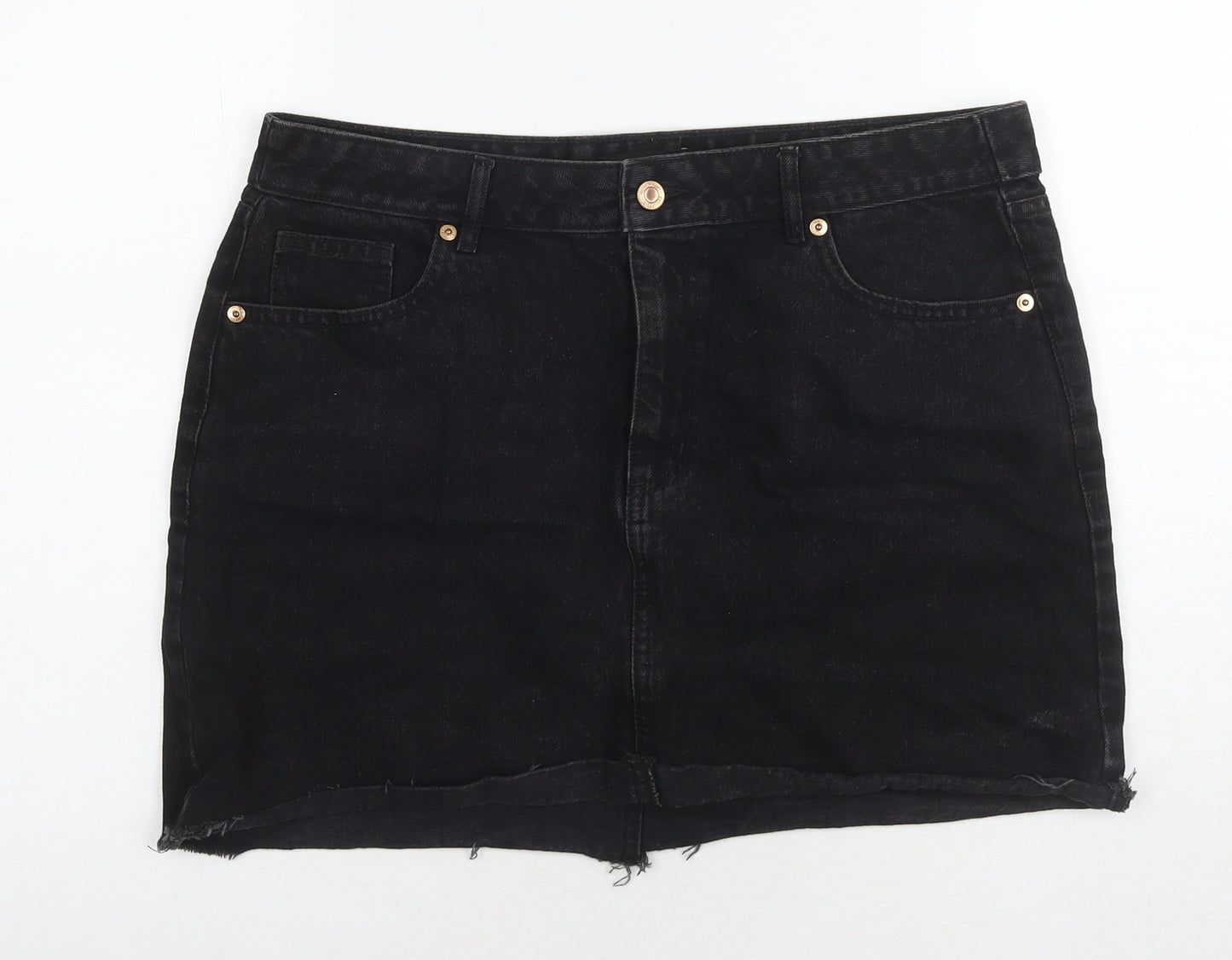 F&F Womens Black Cotton Mini Skirt Size 14 Zip