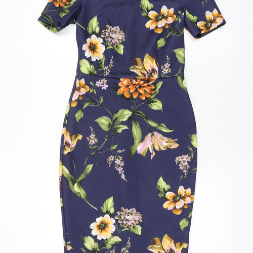 ASOS Womens Blue Floral Polyester Bodycon Size 10 Round Neck Zip