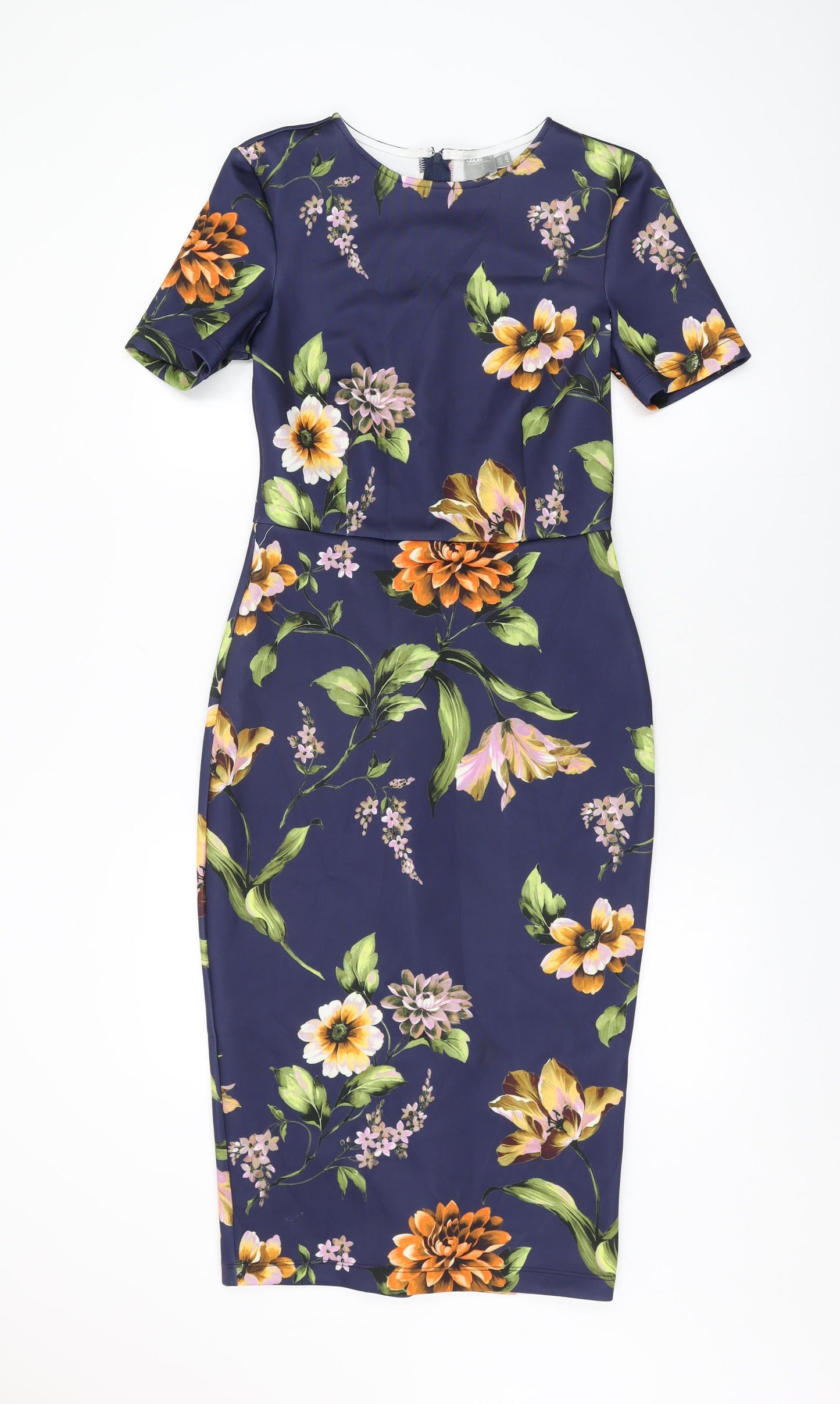 ASOS Womens Blue Floral Polyester Bodycon Size 10 Round Neck Zip