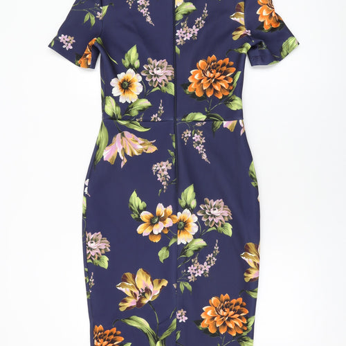 ASOS Womens Blue Floral Polyester Bodycon Size 10 Round Neck Zip