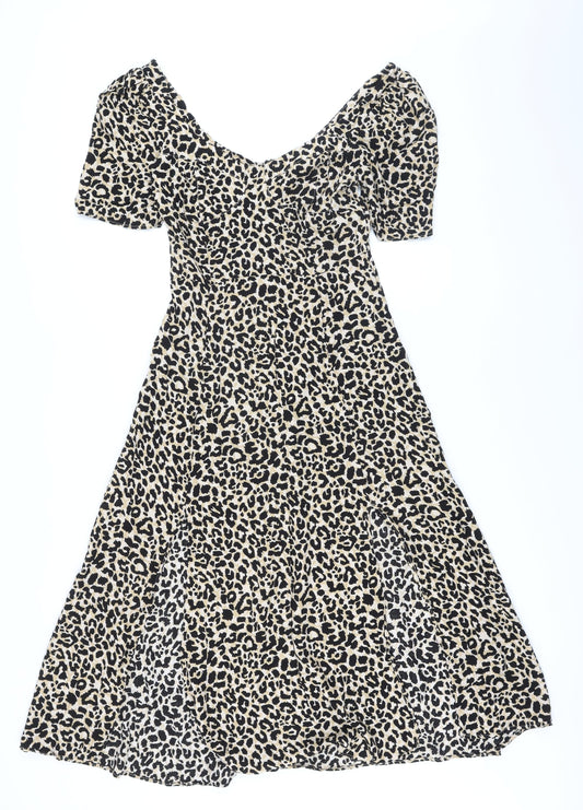 ASOS Womens Beige Animal Print Polyester A-Line Size 8 Scoop Neck Button