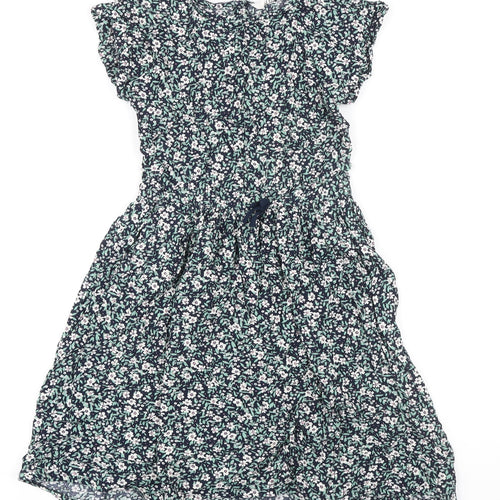 H&M Girls Blue Floral Viscose A-Line Size 9-10 Years Round Neck Button - Elasticated waist