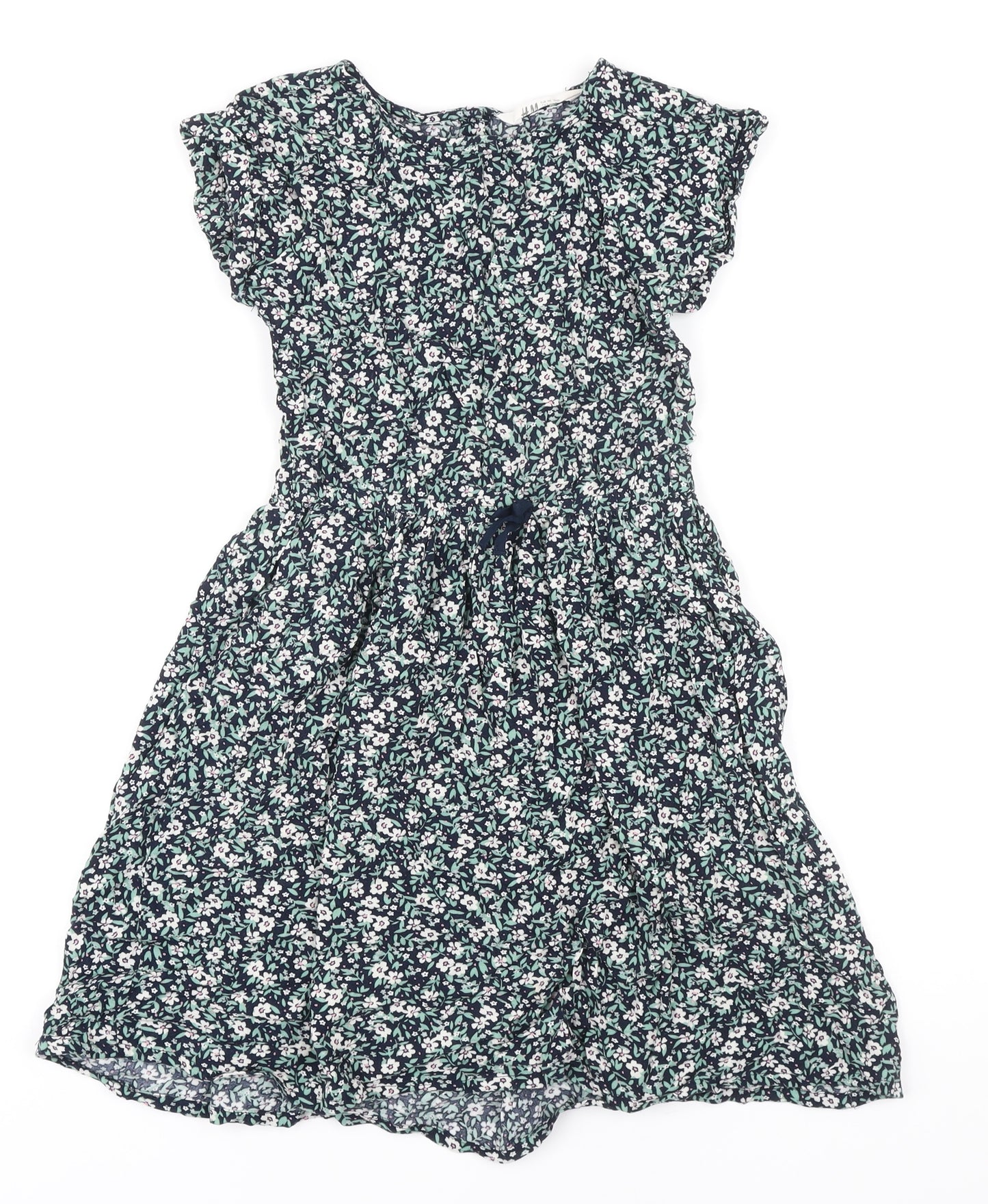 H&M Girls Blue Floral Viscose A-Line Size 9-10 Years Round Neck Button - Elasticated waist