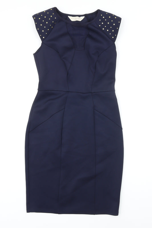 Dorothy Perkins Womens Blue Polyester Pencil Dress Size 8 Round Neck - Embellished Shoulders