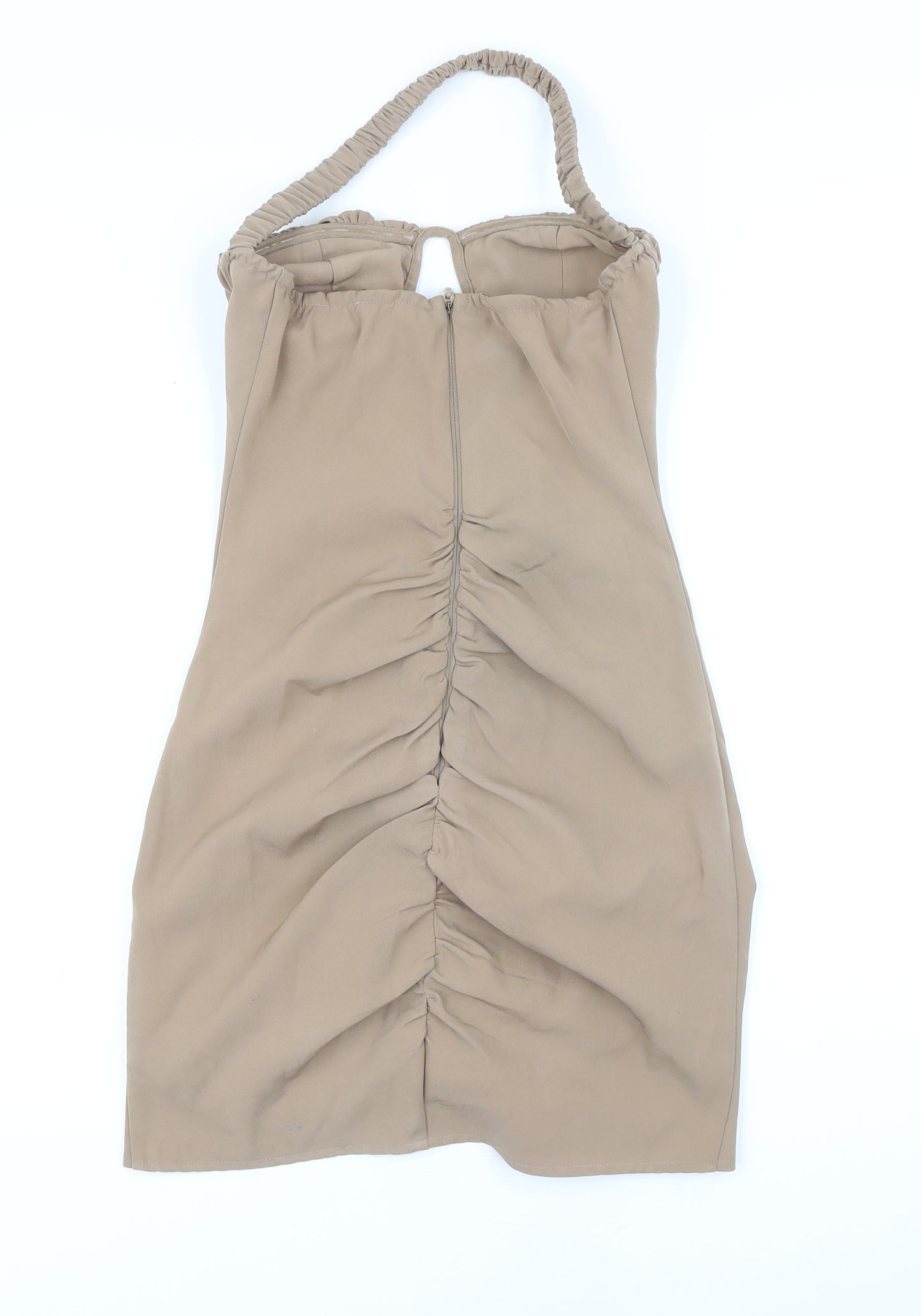 PRETTYLITTLETHING Womens Beige Polyester Bodycon Size 8 Halter Zip