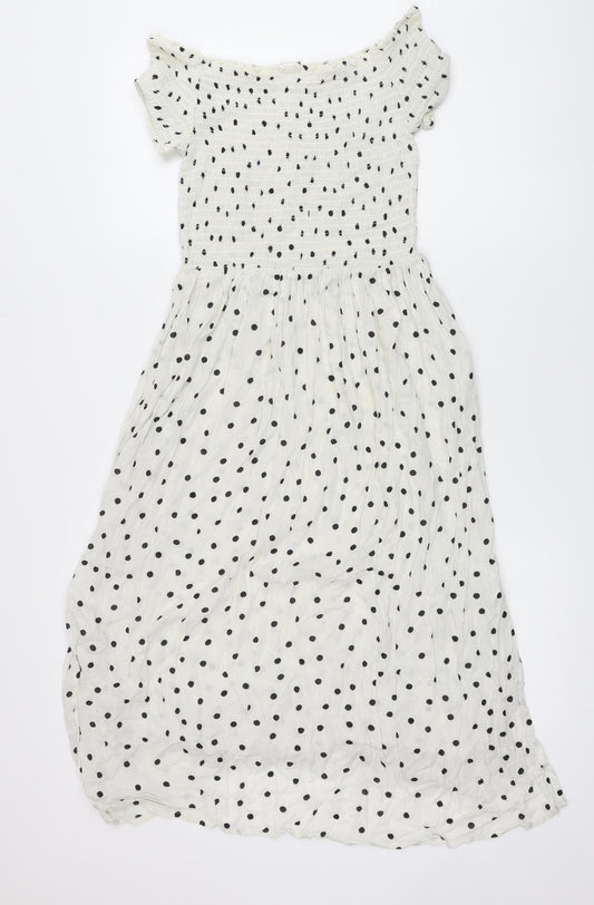 NEXT Womens White Polka Dot Viscose A-Line Size 10 Off the Shoulder - Smocked Top, Beach Wear