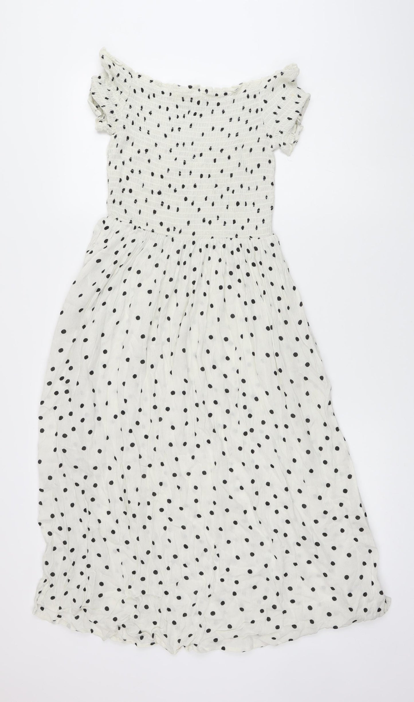 NEXT Womens White Polka Dot Viscose A-Line Size 10 Off the Shoulder - Smocked Top, Beach Wear