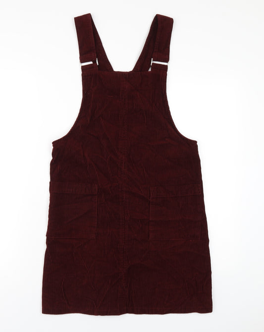 New Look Womens Red Cotton Pinafore/Dungaree Dress Size 10 Square Neck Pullover