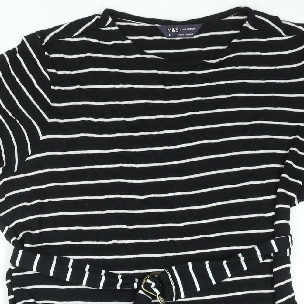 Marks and Spencer Womens Black Striped Viscose T-Shirt Dress Size 8 Round Neck Pullover - Belted