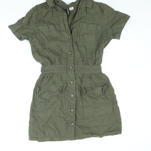 H&M Womens Green Cotton Shirt Dress Size 10 Collared Button - Belted