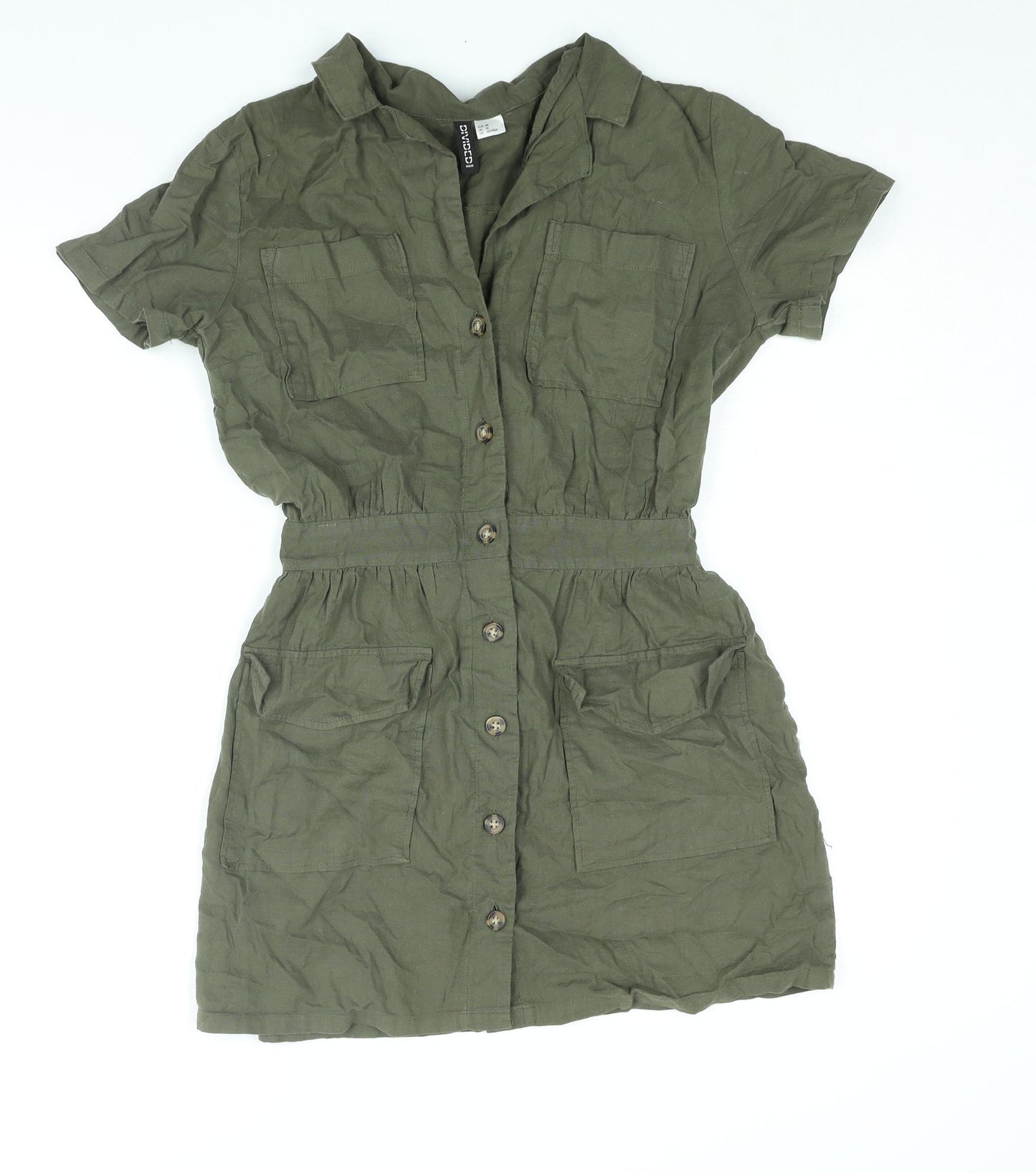 H&M Womens Green Cotton Shirt Dress Size 10 Collared Button - Belted