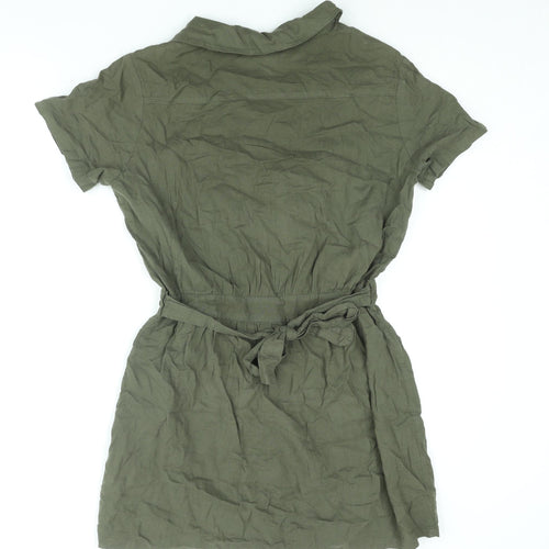 H&M Womens Green Cotton Shirt Dress Size 10 Collared Button - Belted