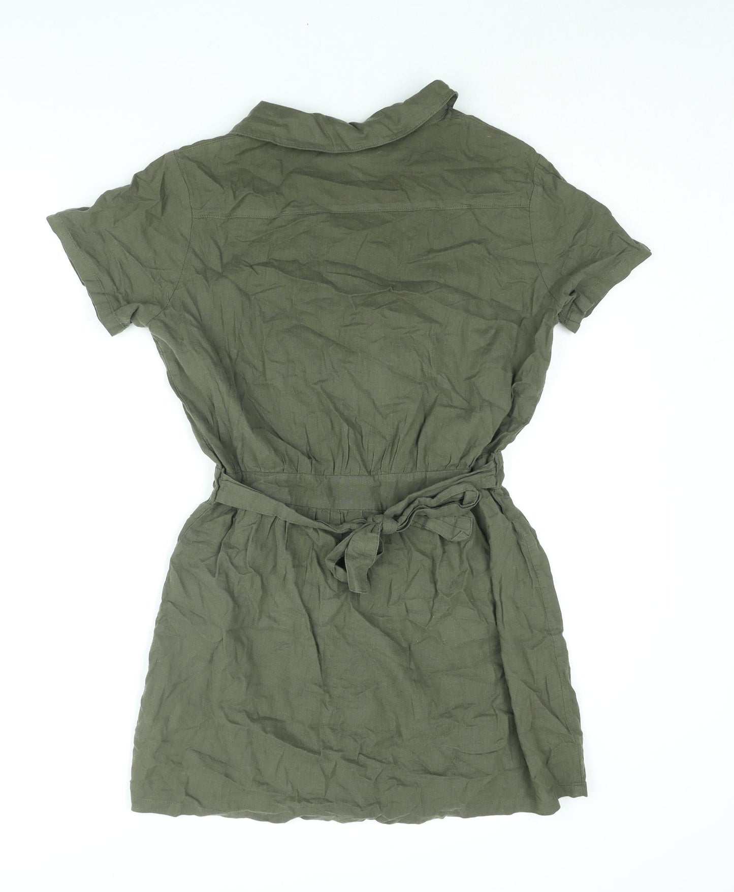 H&M Womens Green Cotton Shirt Dress Size 10 Collared Button - Belted