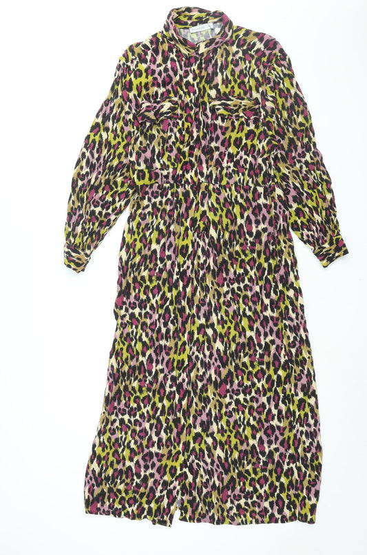 Warehouse Womens Multicoloured Animal Print Viscose Shirt Dress Size 10 Collared Button - Leopard Print