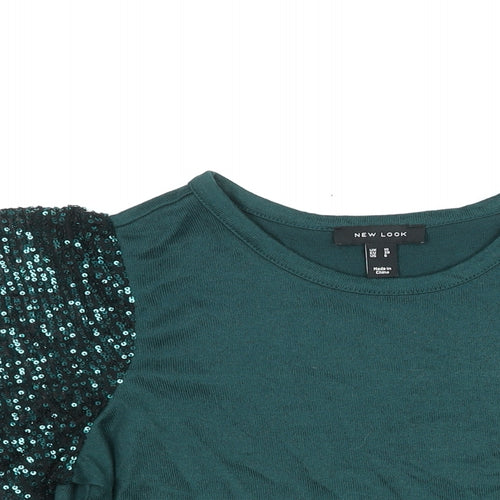 New Look Womens Green Polyester Basic Blouse Size 10 Round Neck - Sequin Sleeve