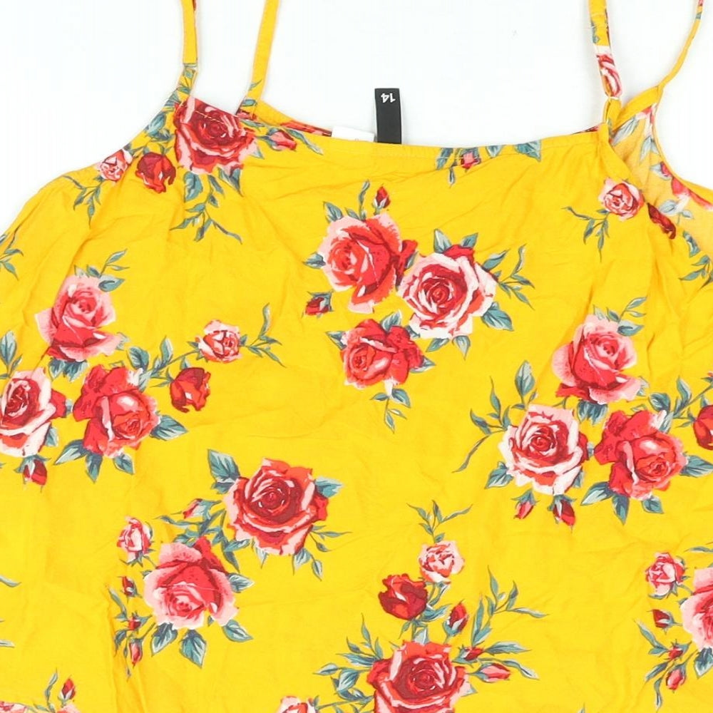 Divided by H&M Womens Yellow Floral Viscose Camisole Blouse Size 14 Scoop Neck