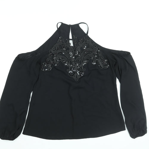 lipsyu Womens Black Polyester Basic Blouse Size 10 Round Neck - Embellished Sequin Cold Shoulder