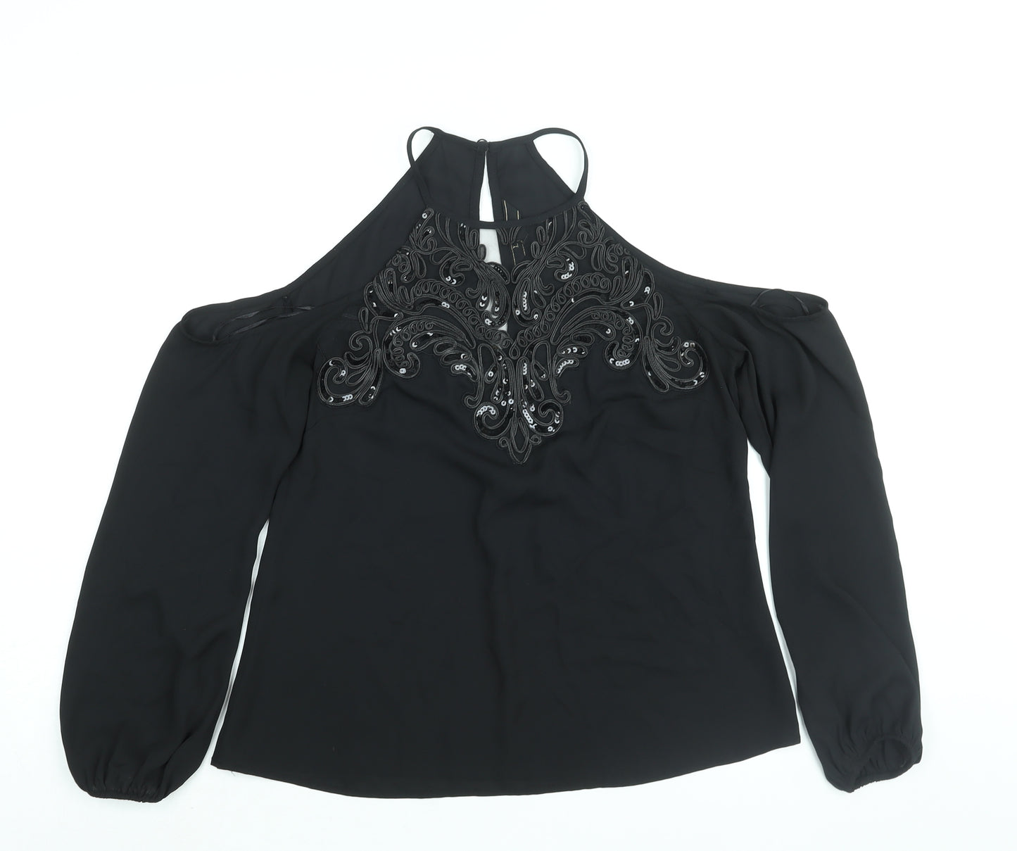 lipsyu Womens Black Polyester Basic Blouse Size 10 Round Neck - Embellished Sequin Cold Shoulder