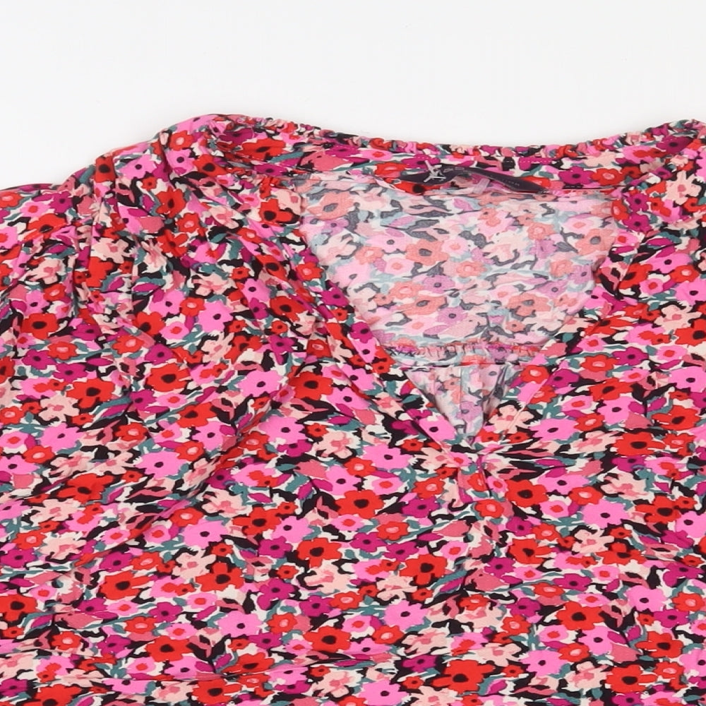 Marks and Spencer Womens Pink Floral Viscose Basic Blouse Size 14 V-Neck