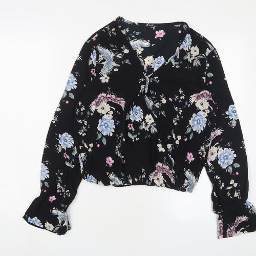 Firesh Womens Black Floral Polyester Basic Blouse Size M V-Neck