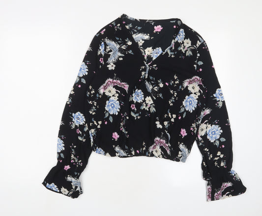 Firesh Womens Black Floral Polyester Basic Blouse Size M V-Neck