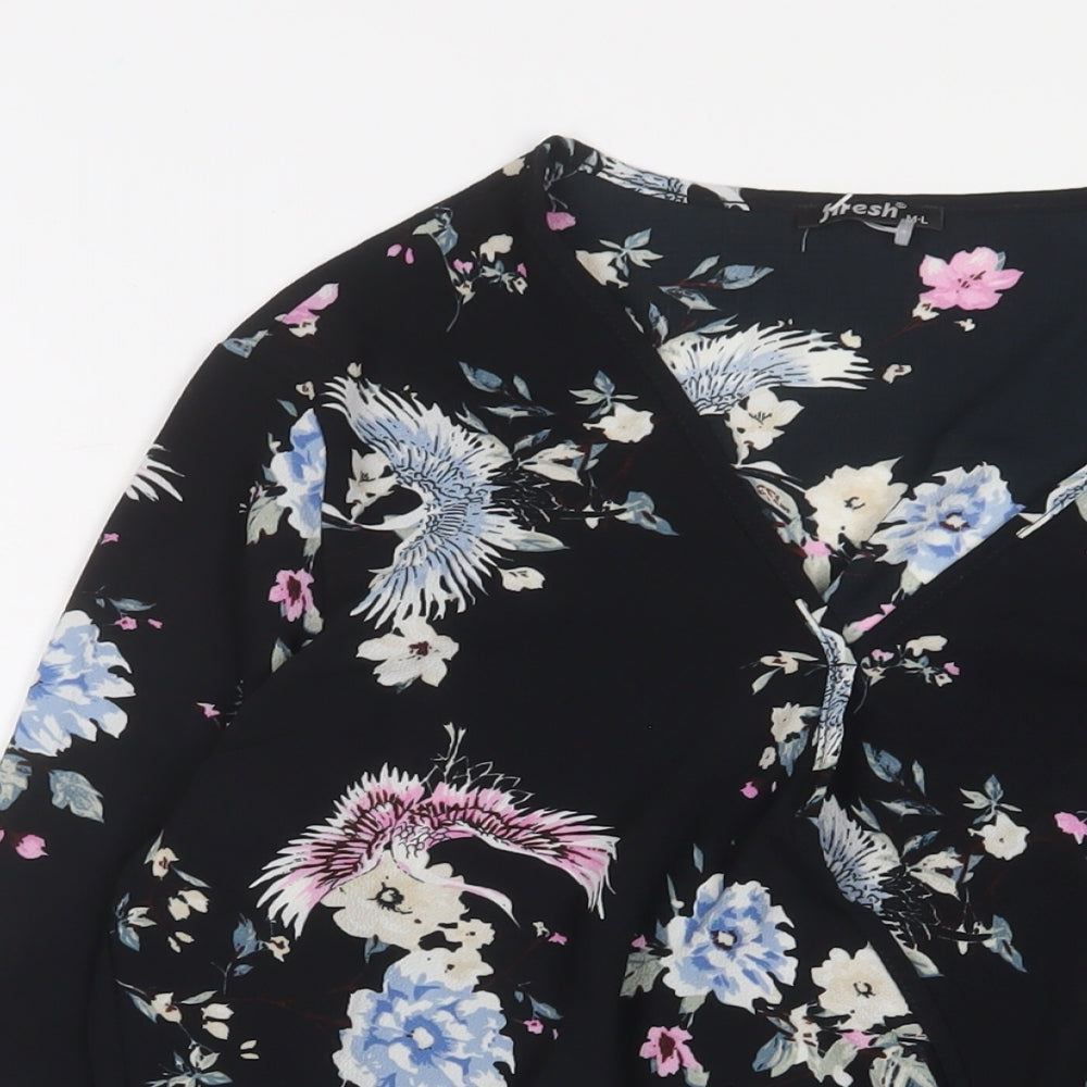 Firesh Womens Black Floral Polyester Basic Blouse Size M V-Neck