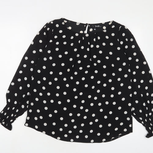 Wallis Womens Black Polka Dot Polyester Basic Blouse Size 14 Boat Neck - Pleated