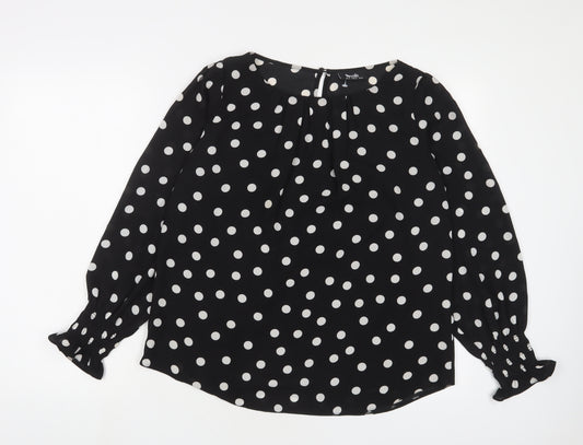 Wallis Womens Black Polka Dot Polyester Basic Blouse Size 14 Boat Neck - Pleated