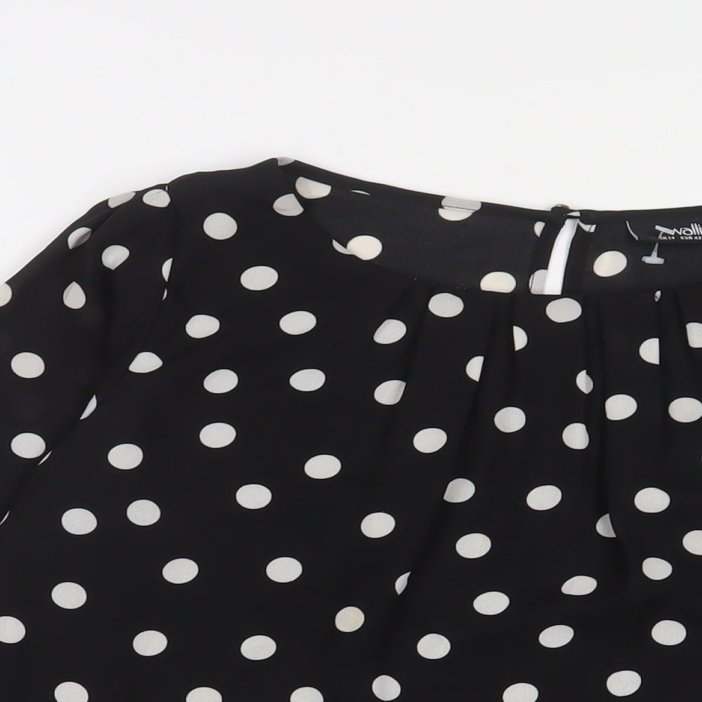 Wallis Womens Black Polka Dot Polyester Basic Blouse Size 14 Boat Neck - Pleated