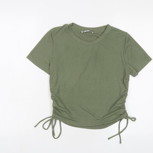 Zara Womens Green Polyester Basic T-Shirt Size L Crew Neck - Ruched sides