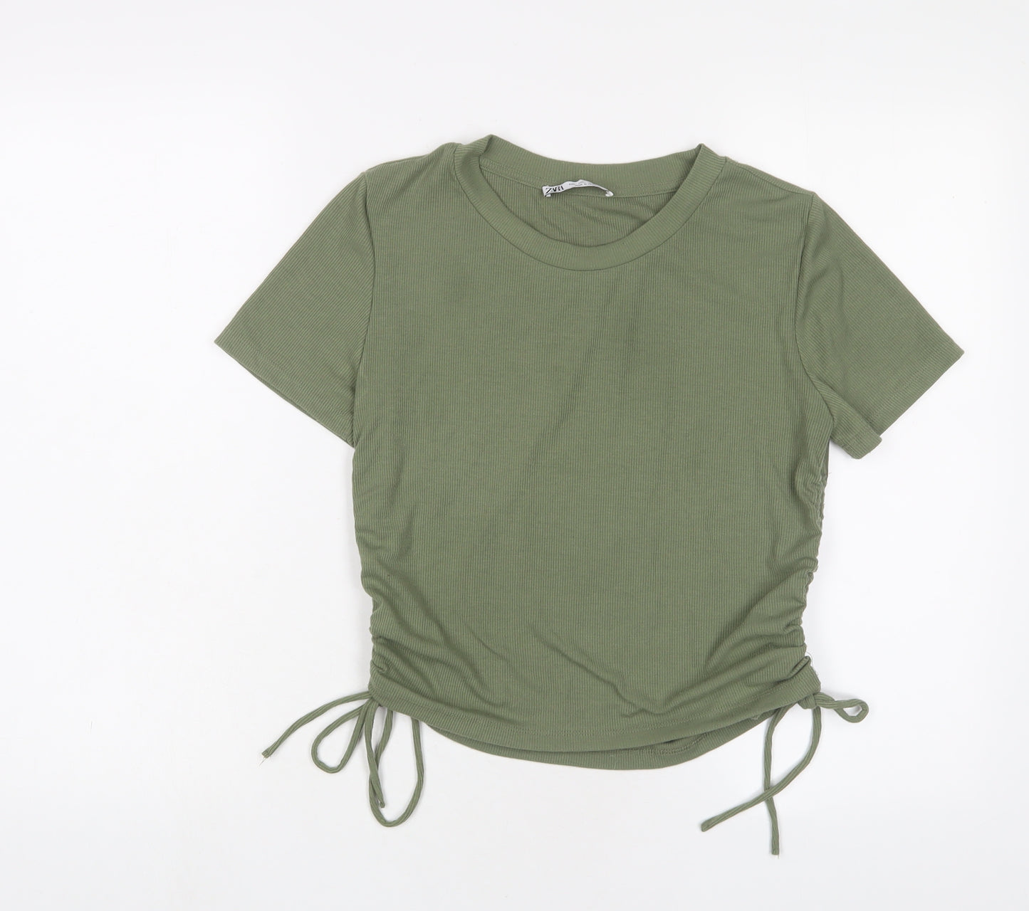 Zara Womens Green Polyester Basic T-Shirt Size L Crew Neck - Ruched sides