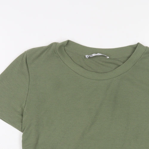 Zara Womens Green Polyester Basic T-Shirt Size L Crew Neck - Ruched sides