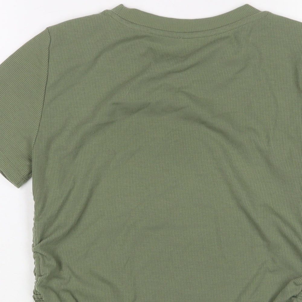 Zara Womens Green Polyester Basic T-Shirt Size L Crew Neck - Ruched sides