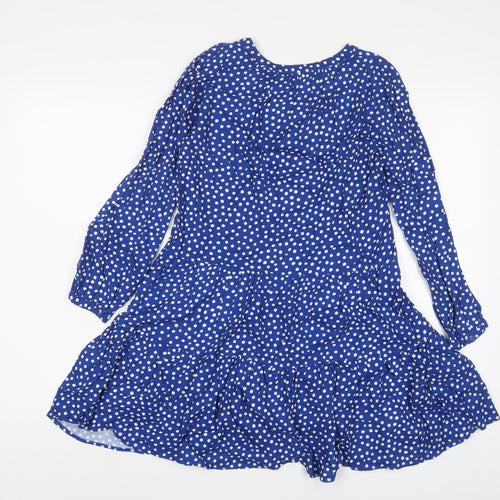 H&M Girls Blue Geometric Viscose A-Line Size 9-10 Years V-Neck Button