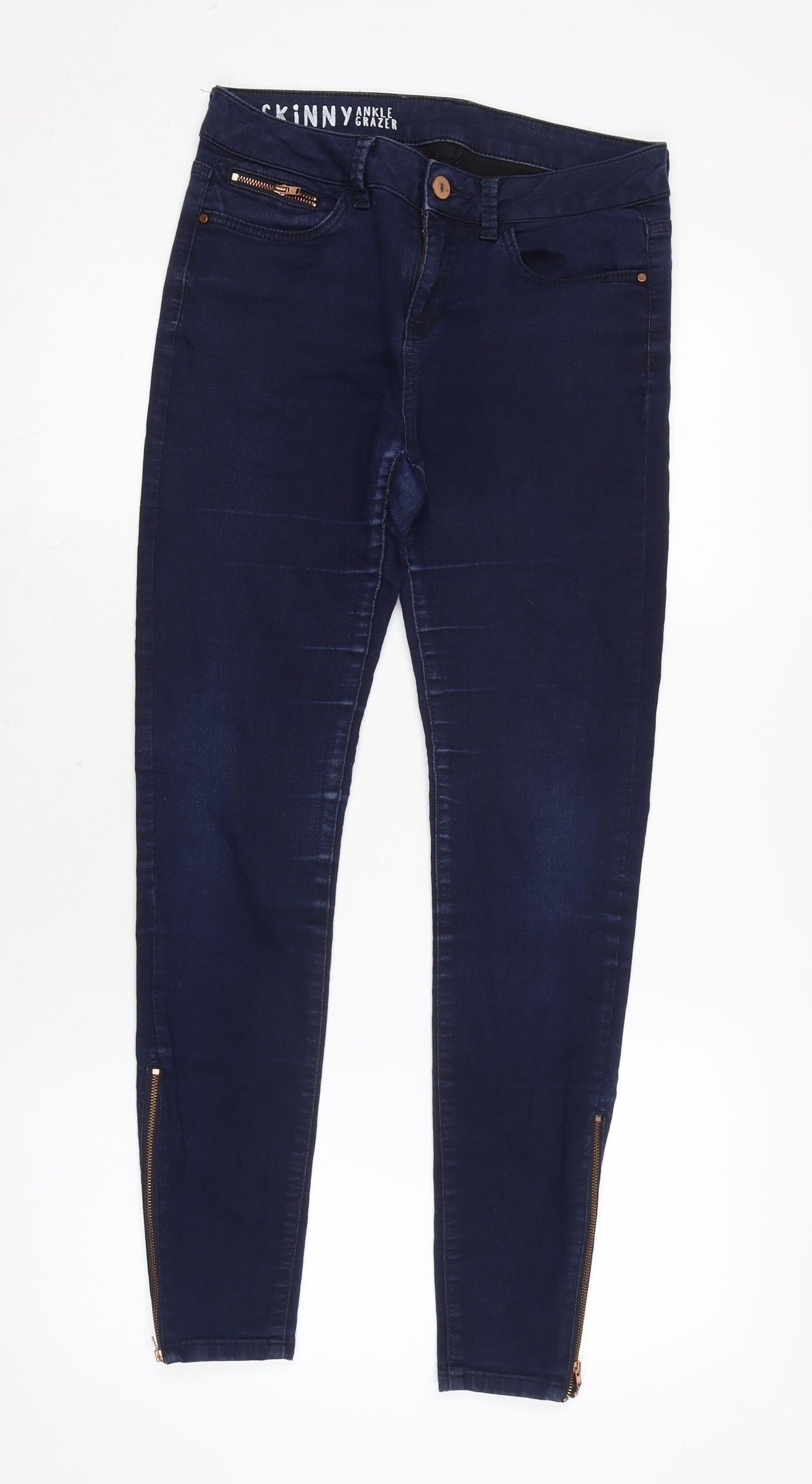 Marks and Spencer Womens Blue Cotton Blend Tapered Jeans Size 10 L28 in Regular Zip - zips to legs .