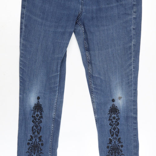 Marks and Spencer Womens Blue Cotton Blend Skinny Jeans Size 12 L25 in Regular Zip - Embroidery Detail