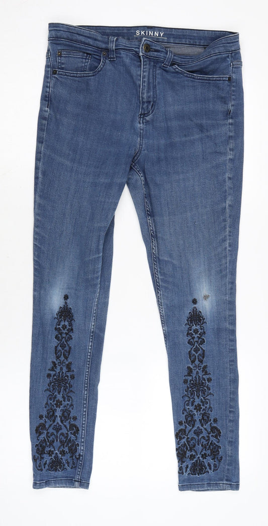 Marks and Spencer Womens Blue Cotton Blend Skinny Jeans Size 12 L25 in Regular Zip - Embroidery Detail