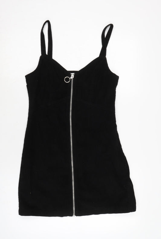 Topshop Womens Black Cotton Pinafore/Dungaree Dress Size 10 V-Neck Zip