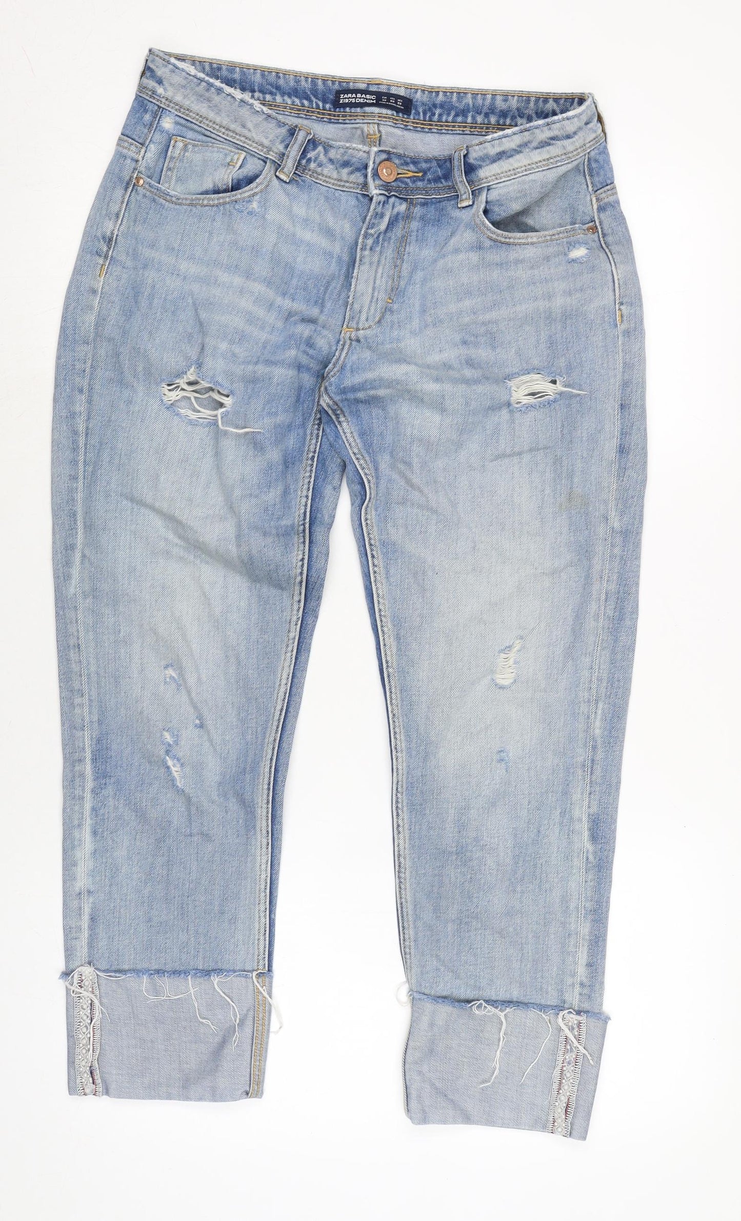 Zara Womens Blue Cotton Blend Straight Jeans Size 10 L26 in Regular Zip - Faux pearl beading to bottom legs.