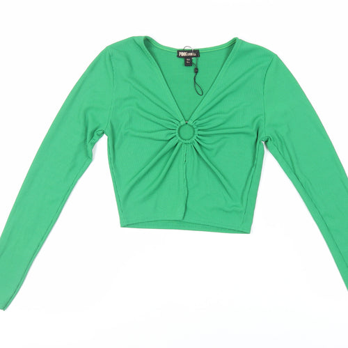 Pink Vanilla Womens Green Polyester Cropped Blouse Size S V-Neck - Front Detail